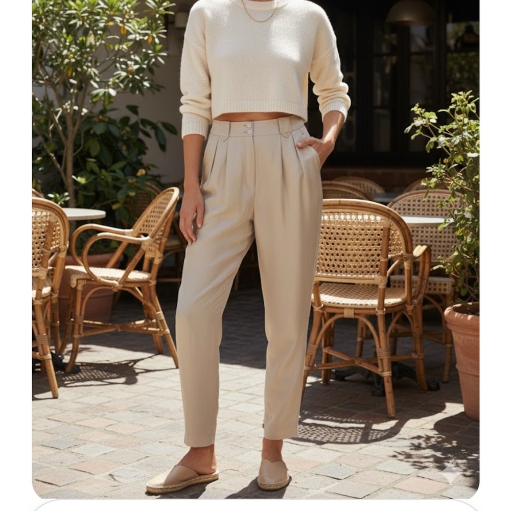 Liz Claiborne Cream High-Waist Pleated Tapered Trousers size 10